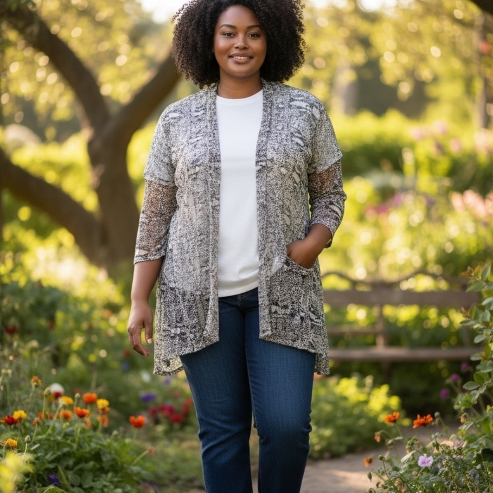 Chico's Black and White Open-Front Cardigan